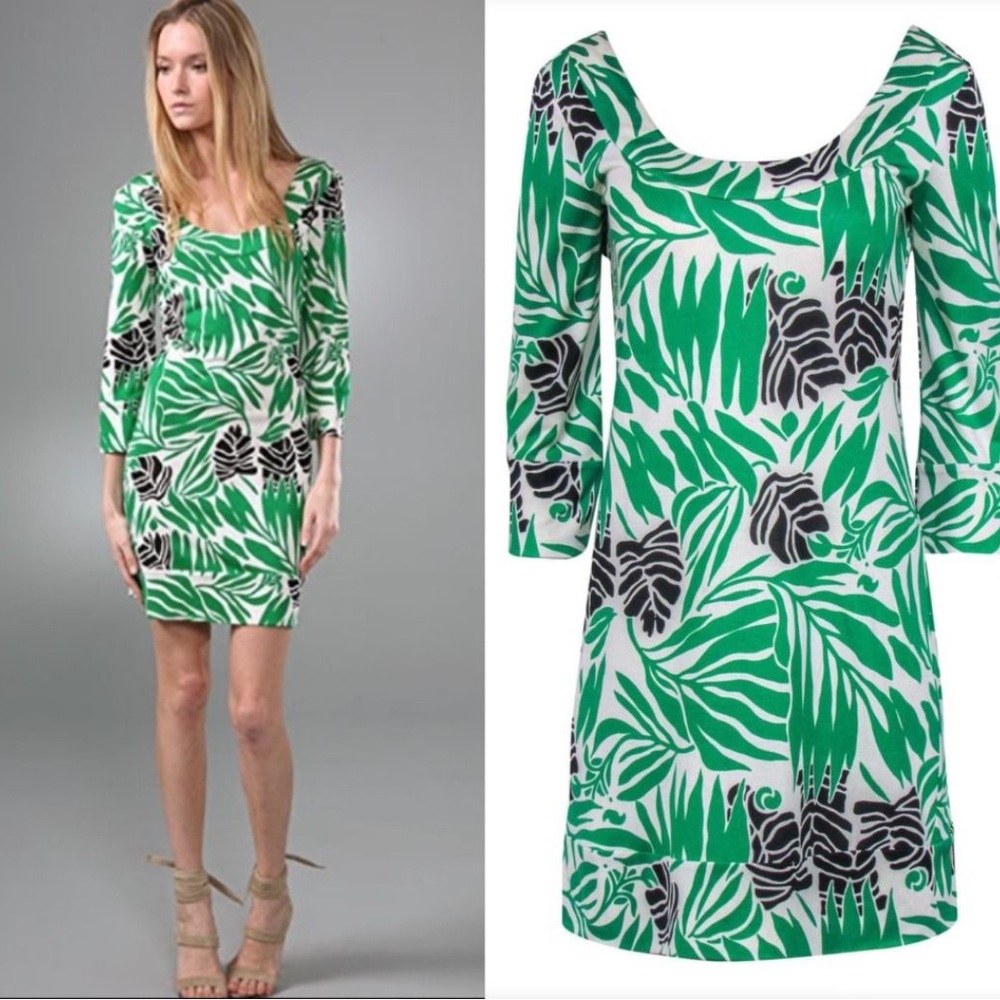 Diane Von Furstenberg Green and White Puff Sleeve Mini Dress